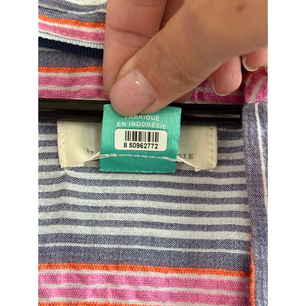Anthropologie Maeve Stripe Popover Top Short Sleeve Pink Blue 1X Pockets - Picture 4 of 6